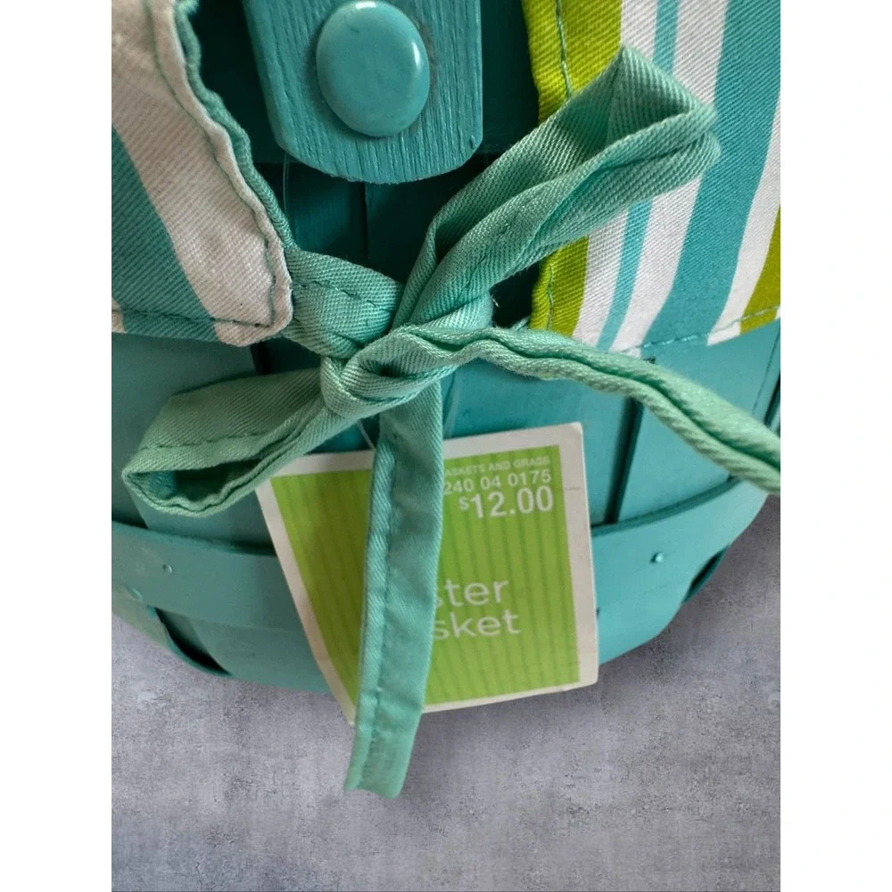 Baskets and Grass Easter Basket Set of 2 Kids White Teal Gingham Striped Slats
